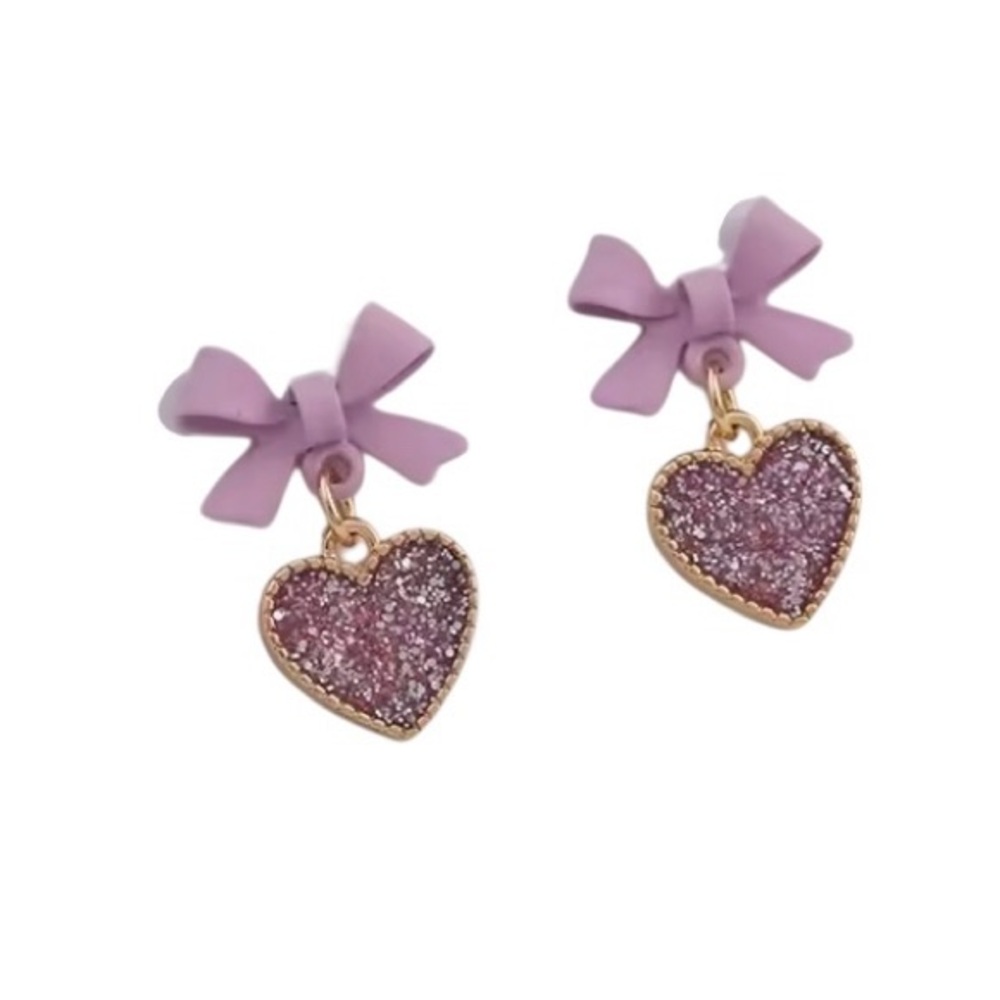 Purple Bowtie Glitter Heart Earrings